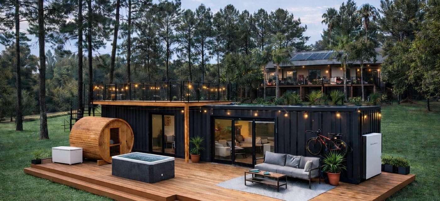 BioSuite — cinematic exterior at dusk