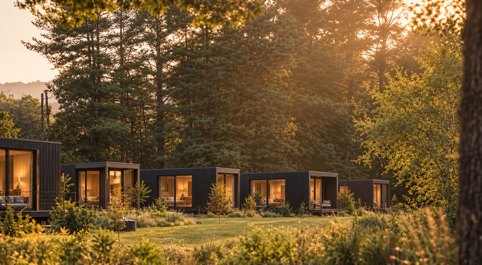 A row of Biosuite units in a forest clearing at golden hour