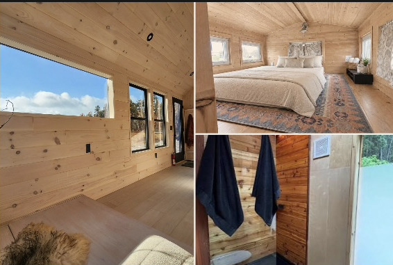 Hearth finish — pale pine living space, bedroom, and cedar bath