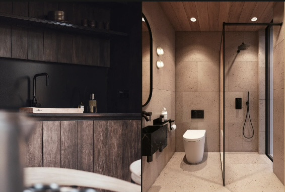 Noir finish — smoked wood kitchen and stone bathroom